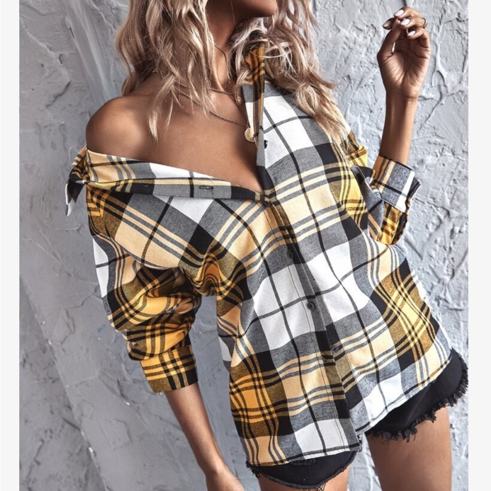 Elegant Plaid Check Button Up Boyfriend Shirt Top Blouse - Picture 5 of 17